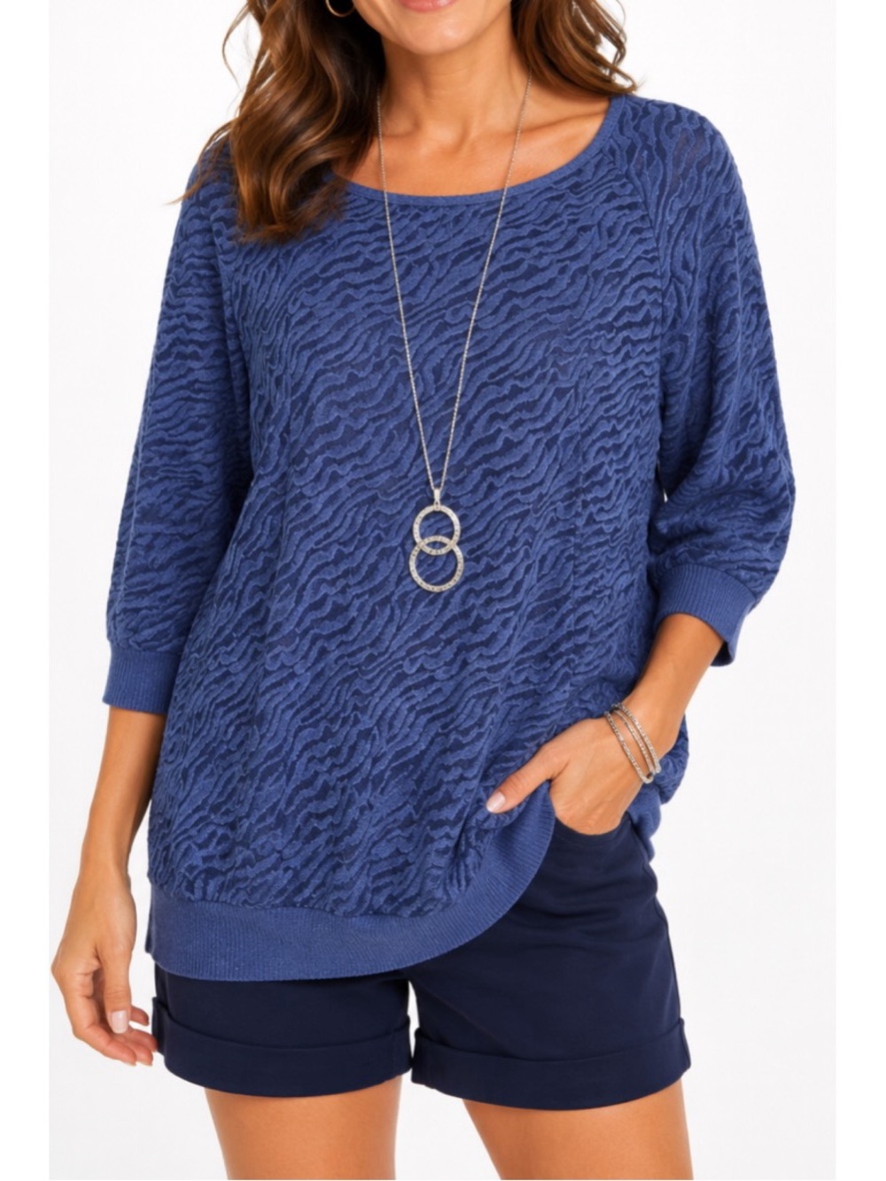 Vanity blue semi sheer 3/4 sleeve top size Large